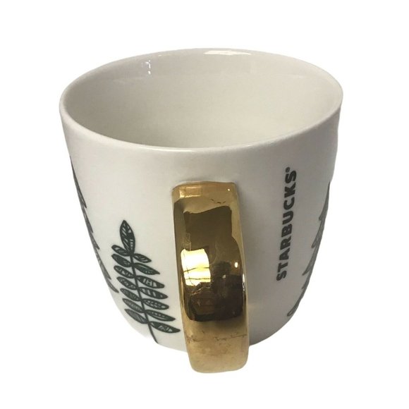 Starbucks Christmas Coffee Mug‎ White cup GreenTrees Gold Handle 3 1/2 X 4" 2015 - Picture 3 of 5